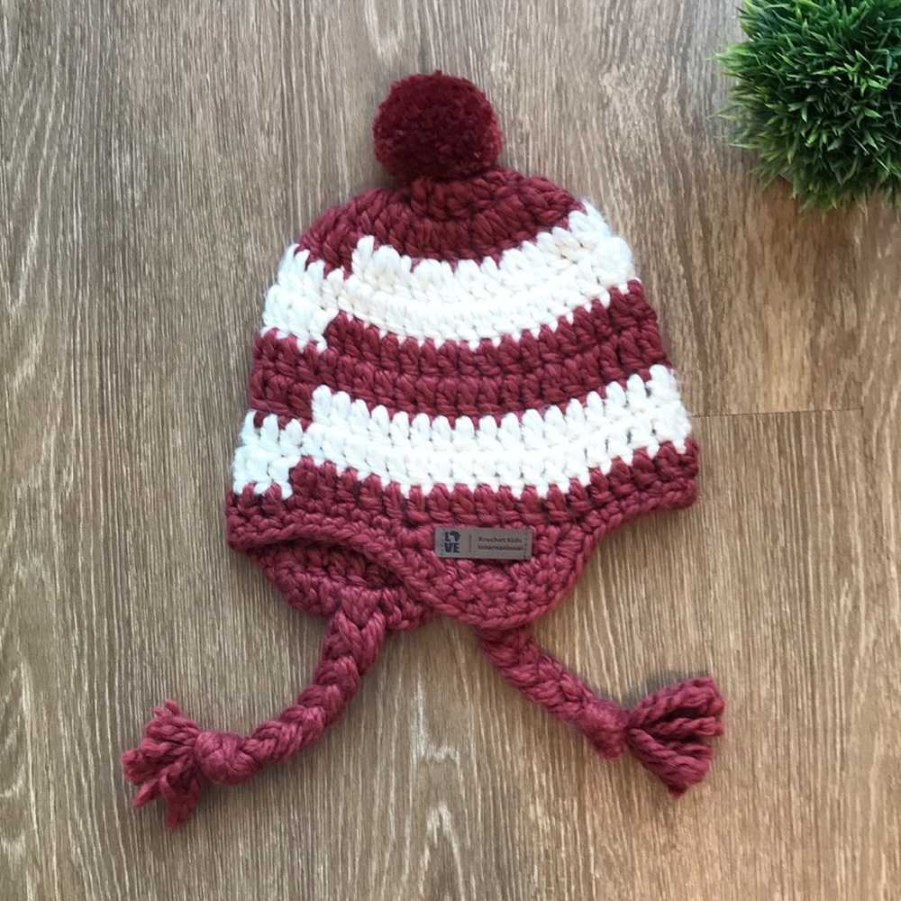 Krochet Kids Striped Red & White Knit Hat with Pom